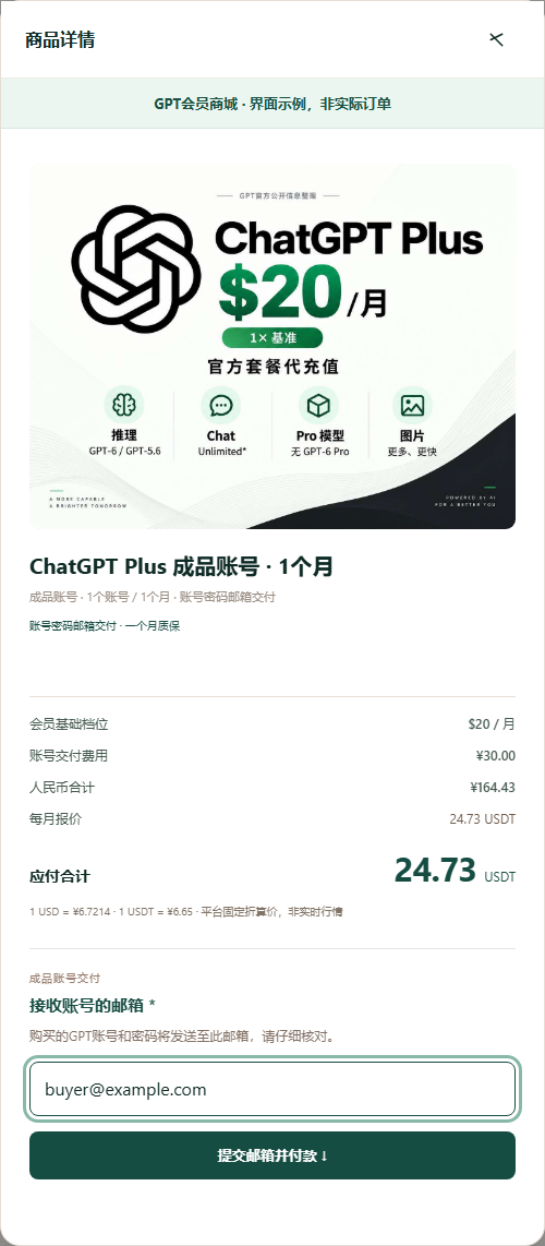 GPT会员账号订单详情，核对Plus套餐、应付USDT并填写接收账号的邮箱