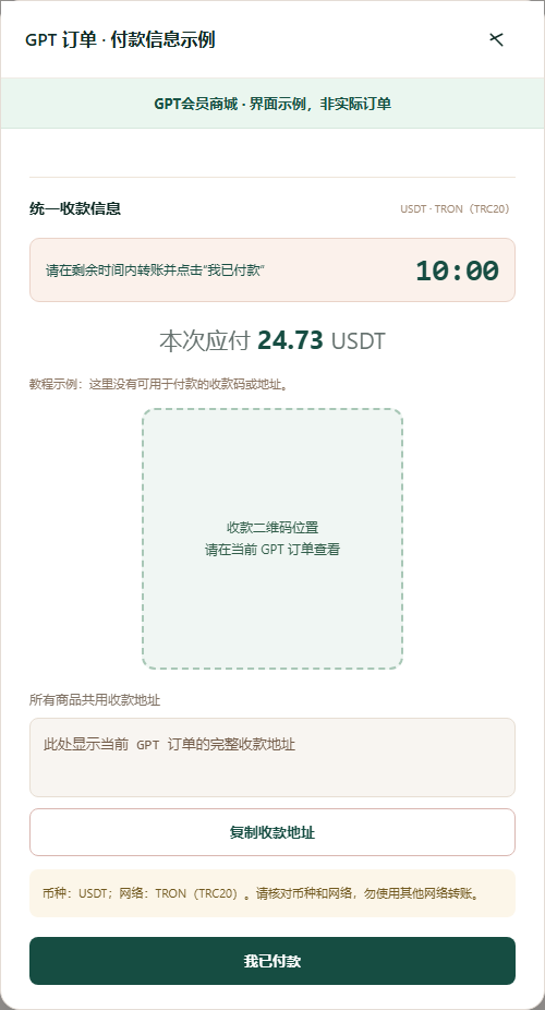 GPT订单付款页示例：应付USDT、倒计时、收款信息位置及我已付款按钮；无可用收款码
